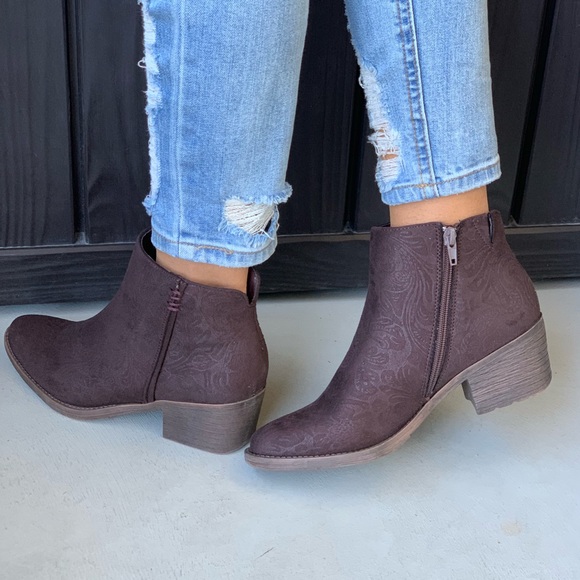 Texas Brown Brocade Floral Embossed Ankle Booties - Picture 5 of 8